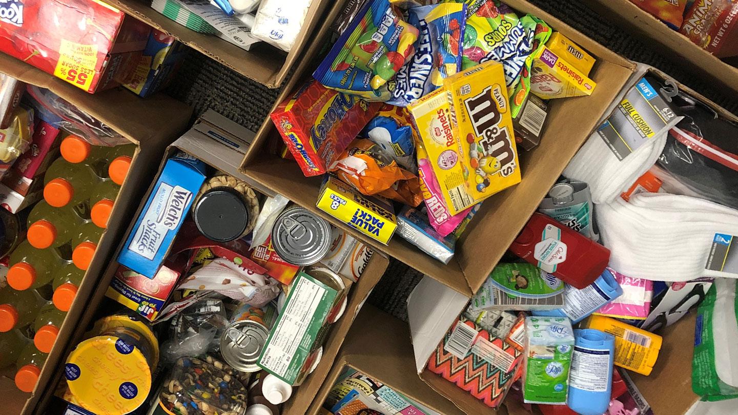 Boxes containing items for military men and women